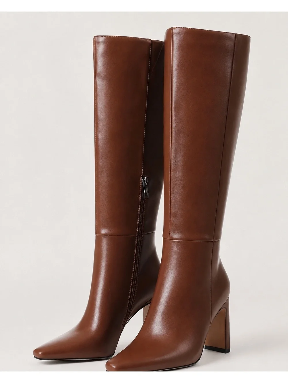 Cognac Brown Knee-High Pointed Toe Dress Boots with Block Heel